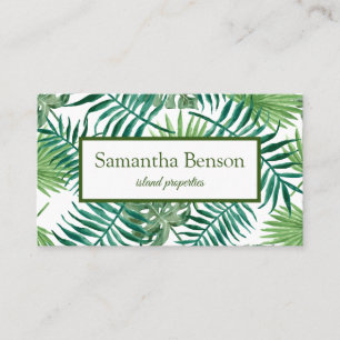 Palm Leaves Tropical Island Green & White Square Visitekaartje