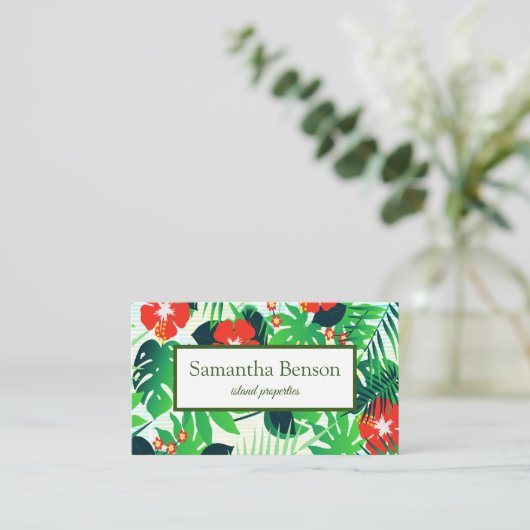 Palm Leaves Tropical Island Green & White Square Visitekaartje (Staand voorkant)