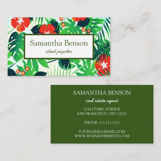 Palm Leaves Tropical Island Green & White Square Visitekaartje (Voorkant / Achterkant)