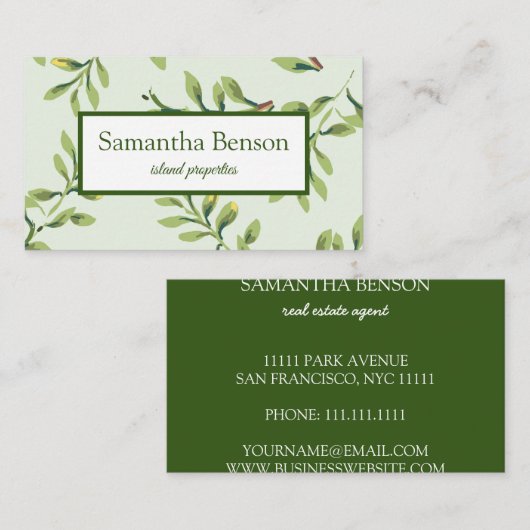 Palm Leaves Tropical Island Green & White Square Visitekaartje (Voorkant / Achterkant)