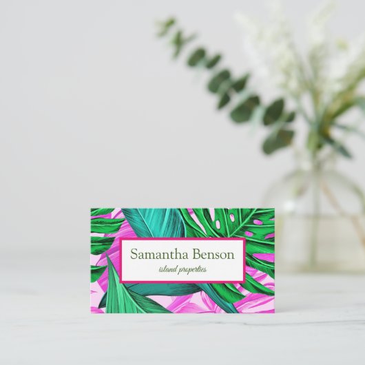 Palm Leaves Tropical Island Green & White Square Visitekaartje (Staand voorkant)