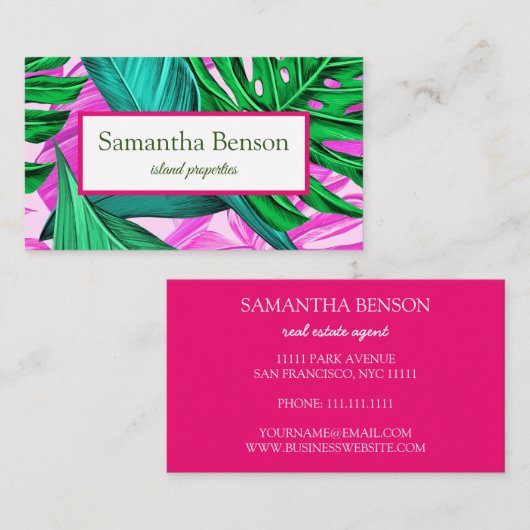 Palm Leaves Tropical Island Green & White Square Visitekaartje (Voorkant / Achterkant)