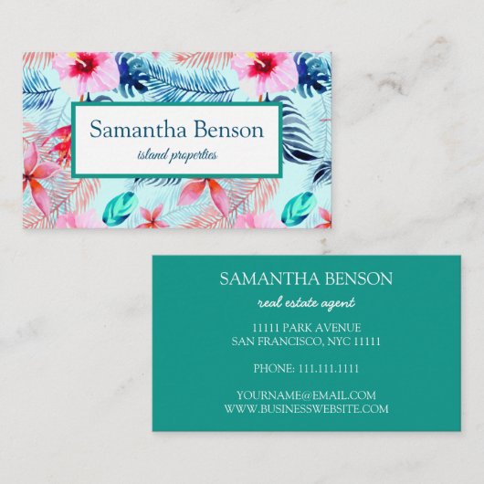 Palm Leaves Tropical Island Green & White Square Visitekaartje (Voorkant / Achterkant)