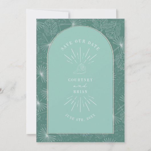 Palm Leaves Tropical Seashell Aqua Save The Date (Voorkant)