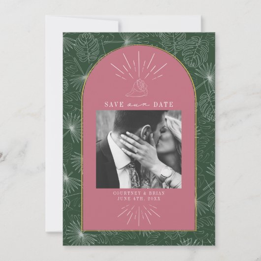 Palm Leaves Tropical Seashell Pink & Green Photo Save The Date (Voorkant)