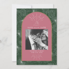 Palm Leaves Tropical Seashell Pink & Green Photo Save The Date