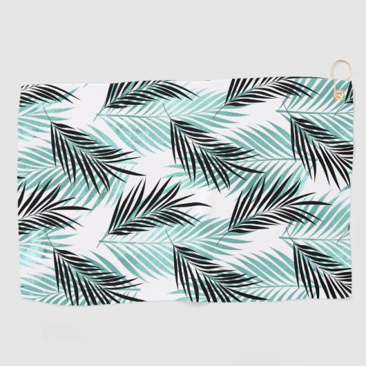 Palm Leaves Tropical Tree Bright Turquoise Black Golfhanddoek (Horizontaal)