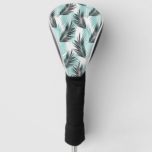 Palm Leaves Tropical Tree Bright Turquoise Black Golfheadcover (Voorkant)