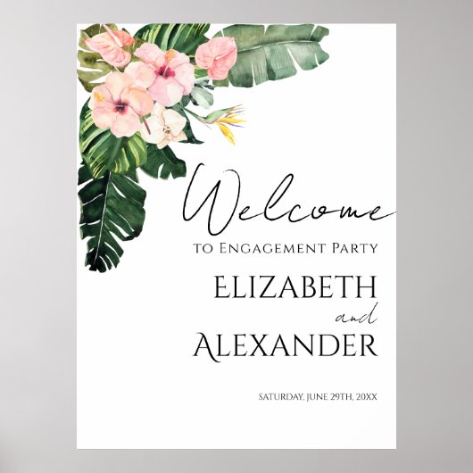 Palm Leaves Tropische Verlovingsfeest Welkomstbord Poster (Voorkant)