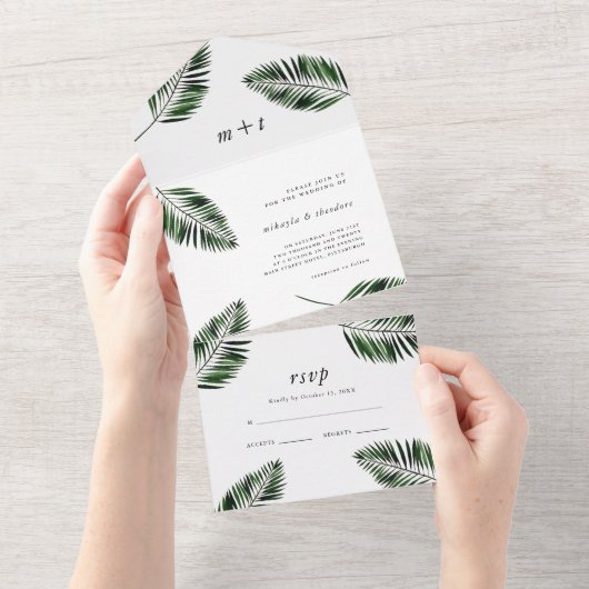 Palm Leaves Wedding All In One Uitnodiging (Afscheurbaar)