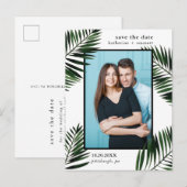 Palm Leaves Wedding Save the Date Foto Aankondigingskaart (Voorkant / Achterkant)