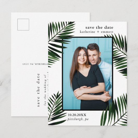 Palm Leaves Wedding Save the Date Foto Aankondigingskaart (Voorkant / Achterkant)