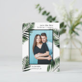 Palm Leaves Wedding Save the Date Foto Aankondigingskaart (Staand voorkant)