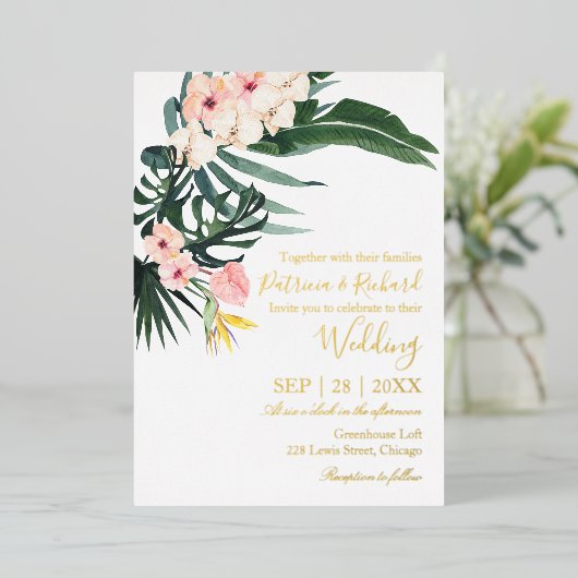 Palm leest Hibiscus Tropische Bestemming Folie Uitnodiging (Staand Voorkant)