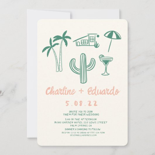 Palm Lente Groen Roze Hand getrokken Bruiloft Kaart (Voorkant)