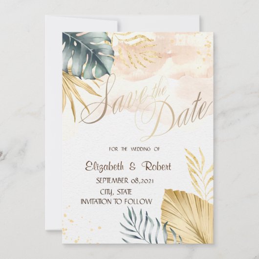 Palm leves beach Wedding Save the Date (Voorkant)