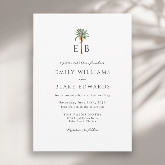 Palm Logo Elegant Tropical Monogram Wedding Kaart