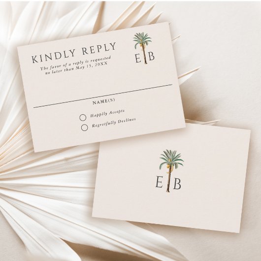 Palm Logo Elegant Tropical Monogram Wedding RSVP Kaartje