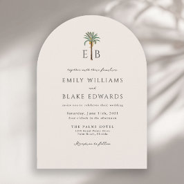 Palm Logo Elegante Boog Tropisch Monogram Huwelijk Kaart