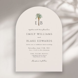 Palm Logo Elegante Boog Tropisch Monogram Huwelijk Kaart
