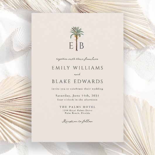Palm Logo Elegante Tropisch Trouwmonogram Kaart