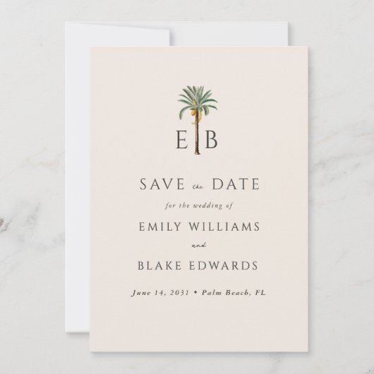 Palm Logo Tropical Monogram Wedding Save the Date (Voorkant)