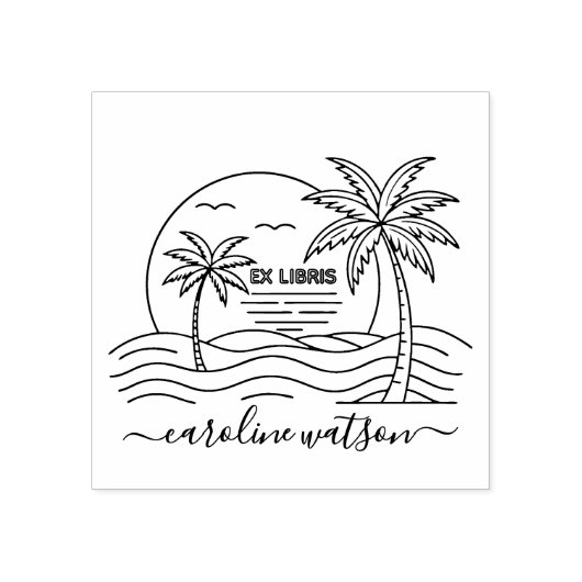 Palm met zon Ex libris Rubber Stamp Rubberstempel (Afrduk)