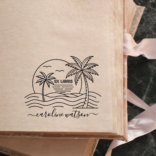 Palm met zon Ex libris Rubber Stamp Rubberstempel