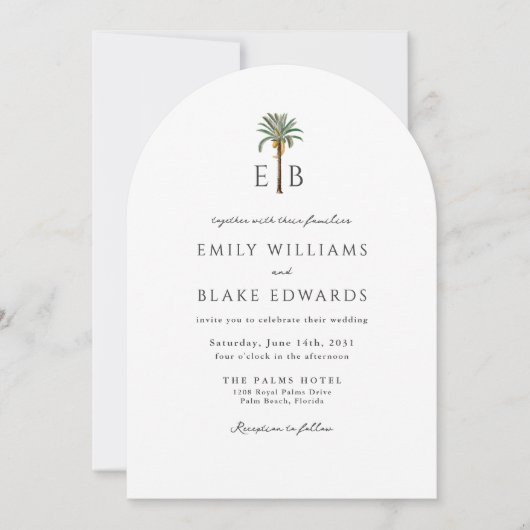 Palm Monogram Elegant Arch Tropical Wedding QRCode Kaart (Voorkant)