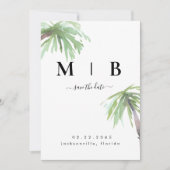 Palm Monogram Tropical White Wedding Save the Date (Voorkant)
