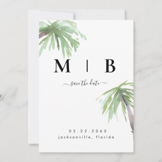 Palm Monogram Tropical White Wedding Save the Date (Voorkant)
