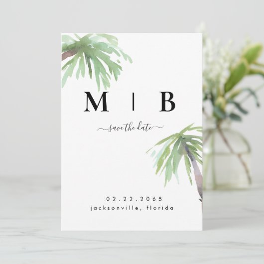 Palm Monogram Tropical White Wedding Save the Date (Staand voorkant)