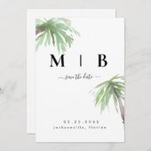 Palm Monogram Tropical White Wedding Save the Date (Voorkant / Achterkant)