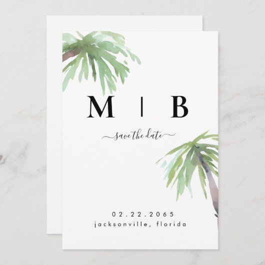 Palm Monogram Tropical White Wedding Save the Date (Voorkant / Achterkant)
