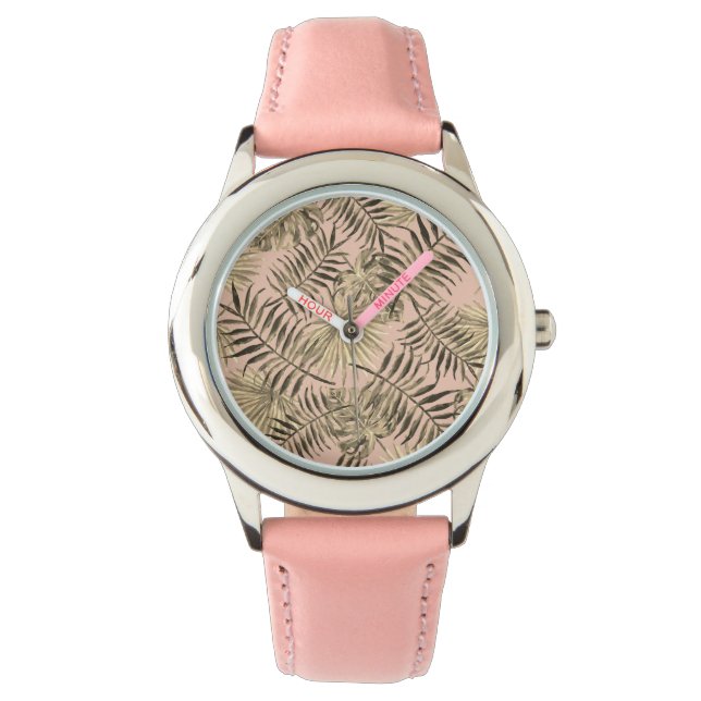Palm monstera blad tropische perzik roze en goud horloge (Voorkant)