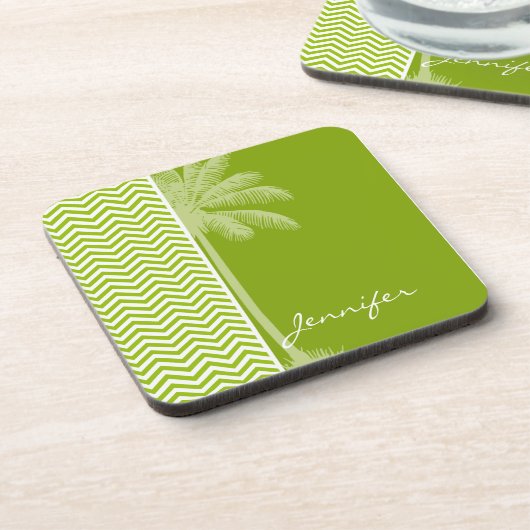 Palm op Retro Apple Green Chevron Stripes Bier Onderzetter (Linkerzijde)