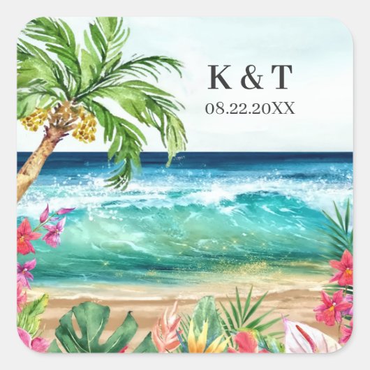 Palm Paradise Tropical Beach Wedding & Shower Vierkante Sticker (Voorkant)