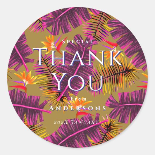Palm Paradise Yellow Orange Thank You Ronde Sticker (Voorkant)