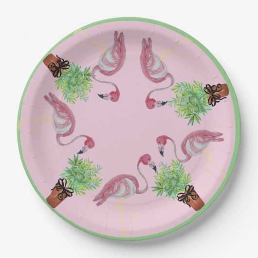 Palm Pink Flamingo Flamingos Terra Cotta Pots Papieren Bordje (Voorkant)