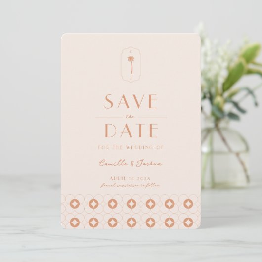 Palm spring retro bruiloft Save The Date Kaart (Staand voorkant)