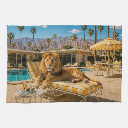 Palm Springs 1950 Poolside Leeuw Loungeren Theedoek (Horizontaal)