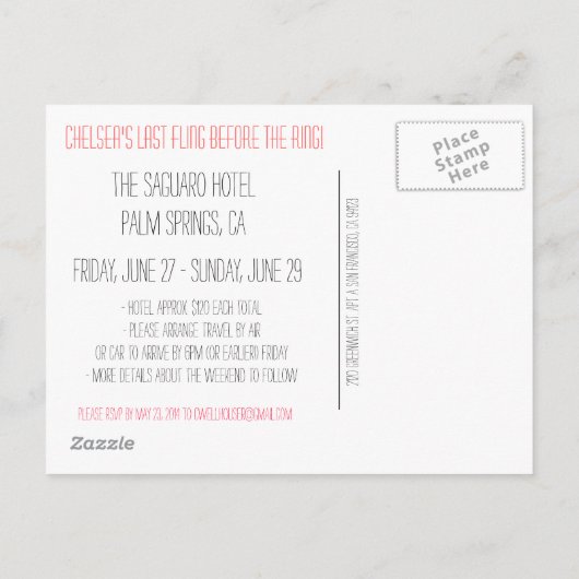 Palm Springs Bachelorette Invitation Uitnodiging Briefkaart (Achterkant)