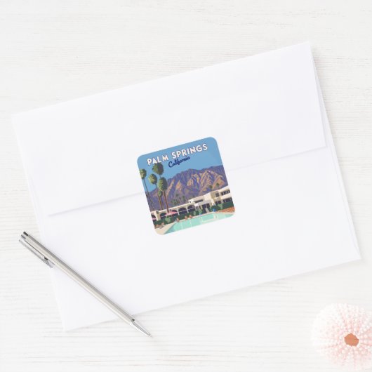 Palm Springs California Pool Hotel Bomen Retro Vierkante Sticker (Envelop)