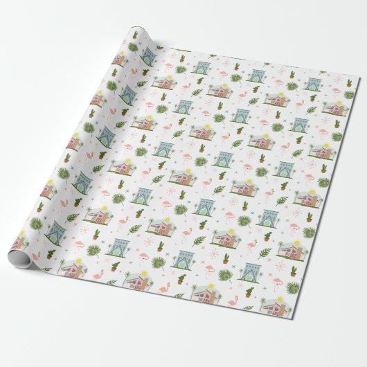 Palm Springs Flamingo Cactus Mideeuwse Patroon Cadeaupapier (Uitgerold)