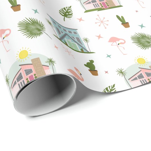 Palm Springs Flamingo Cactus Mideeuwse Patroon Cadeaupapier (Rol Hoek)