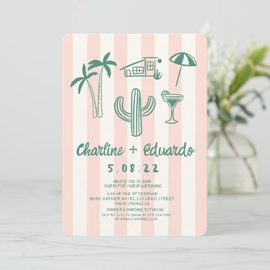 Palm Springs groen roze hand getrokken bruiloft Kaart (Staand voorkant)