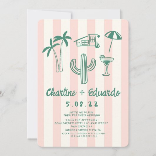 Palm Springs groen roze hand getrokken bruiloft Kaart (Voorkant)
