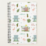 Palm Springs Mideeuw Roze Huis Flamingo Cactus Planner<br><div class="desc">patroon met illustraties van roze mideeuwse moderne woning,  blauw huis,  palmbladeren,  cactus en flamingo.</div>