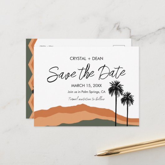 Palm Springs Modern Save the Date Briefkaart tan/o (Voorkant / Achterkant in situ)