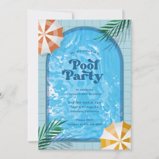 Palm Springs Pool Party Blauw Volwassen Verjaardag Kaart (Voorkant)